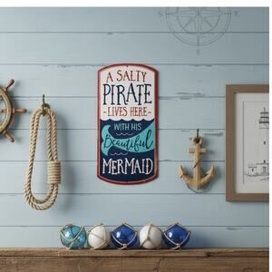 Salty Pirate Lives Here W/ His Beautiful Mermaid Metal Sign Beach Nautical Decor